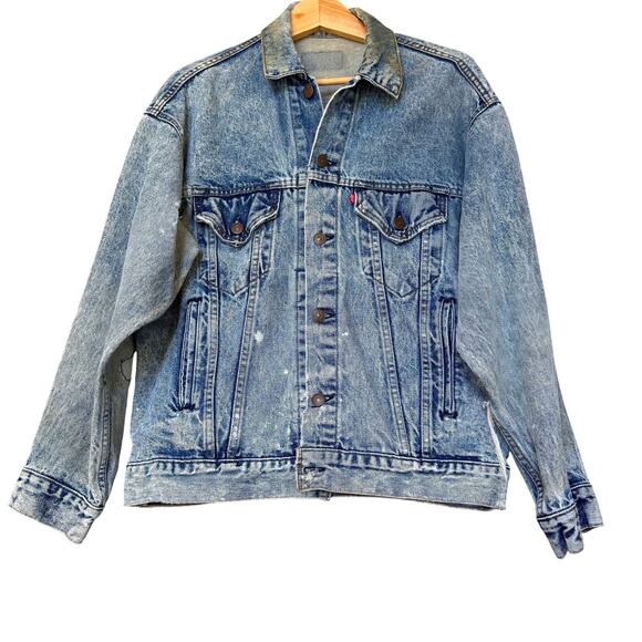 VTG 80s Levis Jean Jacket Mens 42 44 L Blue Acid Wash Denim Distressed - Picture 1 of 10